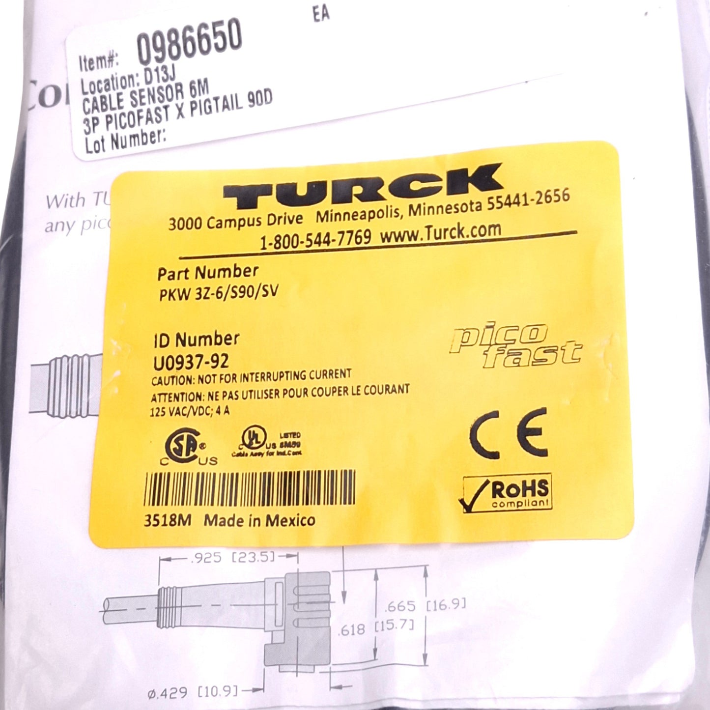 New Turck PKW 3Z-6/S90/SV PicoFast Sensor Cable, M8 3-Pin, 125VAC/DC, 6m Length