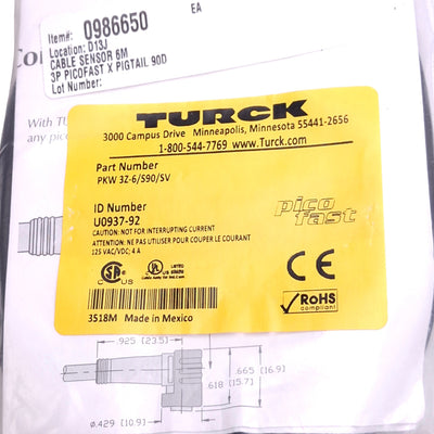 New Turck PKW 3Z-6/S90/SV PicoFast Sensor Cable, M8 3-Pin, 125VAC/DC, 6m Length