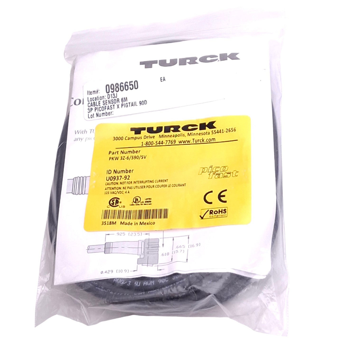 New Turck PKW 3Z-6/S90/SV PicoFast Sensor Cable, M8 3-Pin, 125VAC/DC, 6m Length