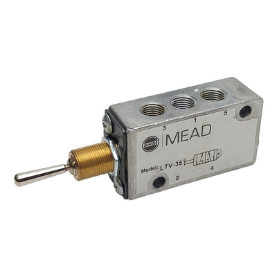 Used Bimba Mead LTV-35 Toggle Control Valve, 5/4-Way, 1/8in NPT, 25-125psi, 0.18Cv