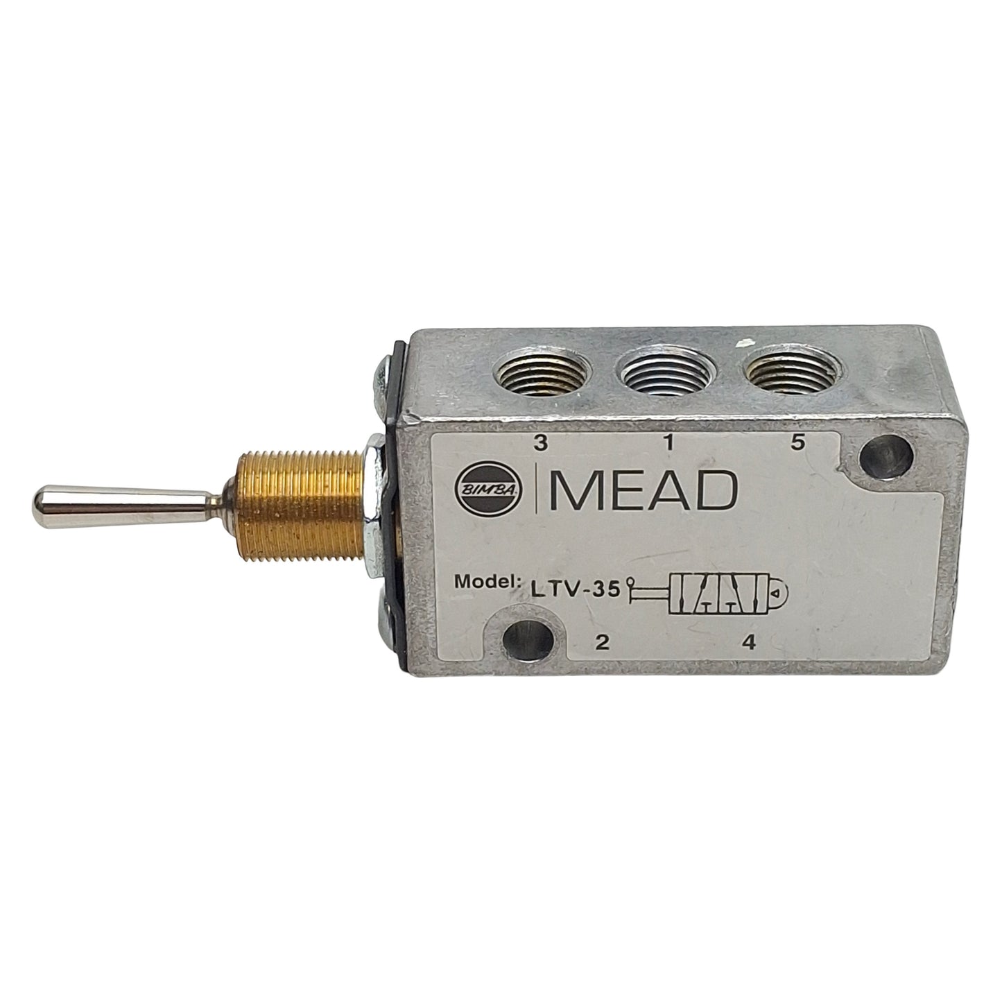Used Bimba Mead LTV-35 Toggle Control Valve, 5/4-Way, 1/8in NPT, 25-125psi, 0.18Cv