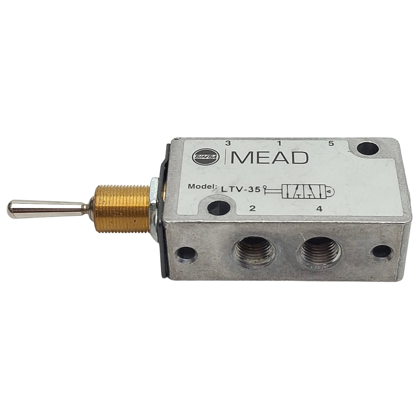 Used Bimba Mead LTV-35 Toggle Control Valve, 5/4-Way, 1/8in NPT, 25-125psi, 0.18Cv