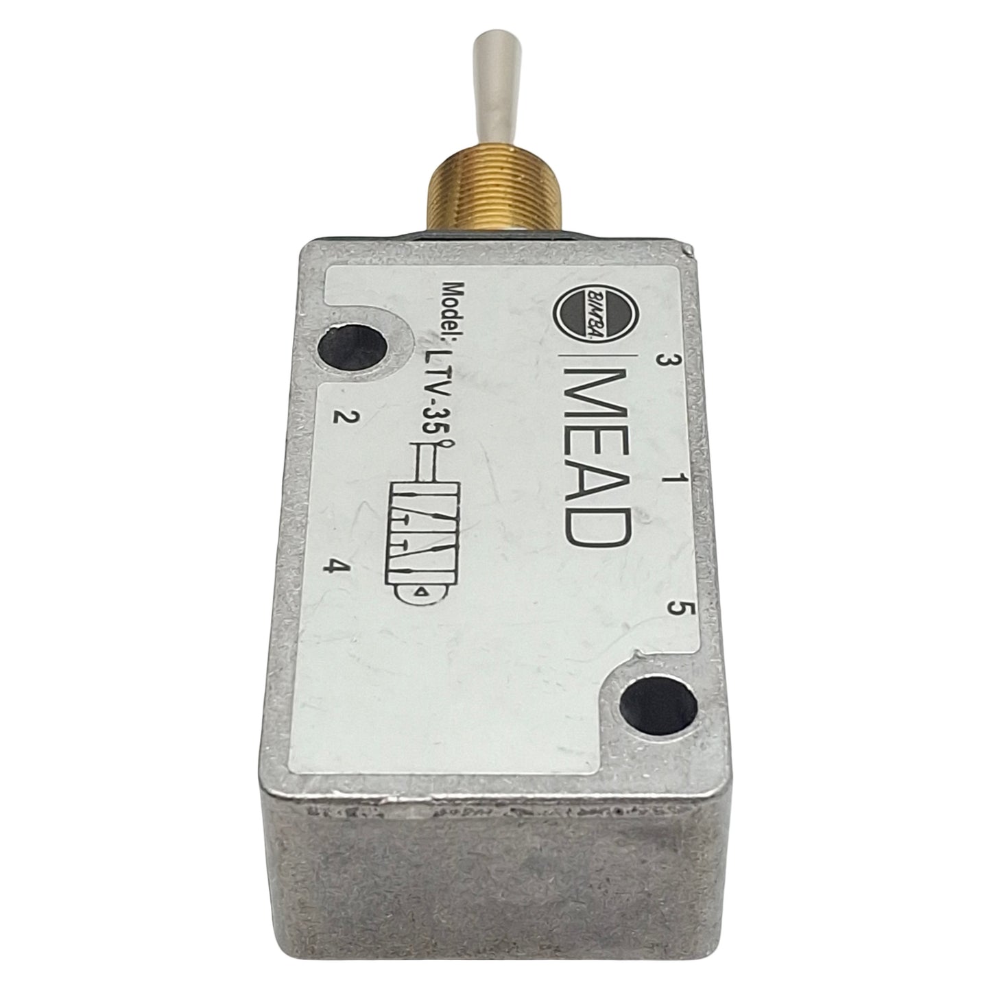 Used Bimba Mead LTV-35 Toggle Control Valve, 5/4-Way, 1/8in NPT, 25-125psi, 0.18Cv