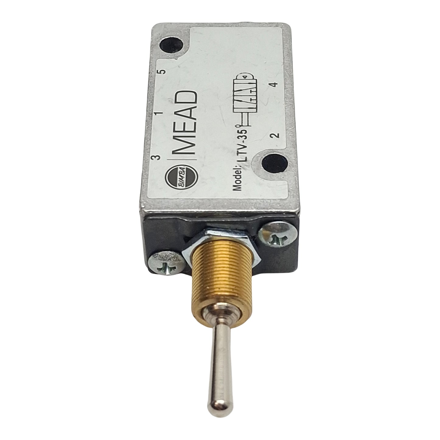 Used Bimba Mead LTV-35 Toggle Control Valve, 5/4-Way, 1/8in NPT, 25-125psi, 0.18Cv