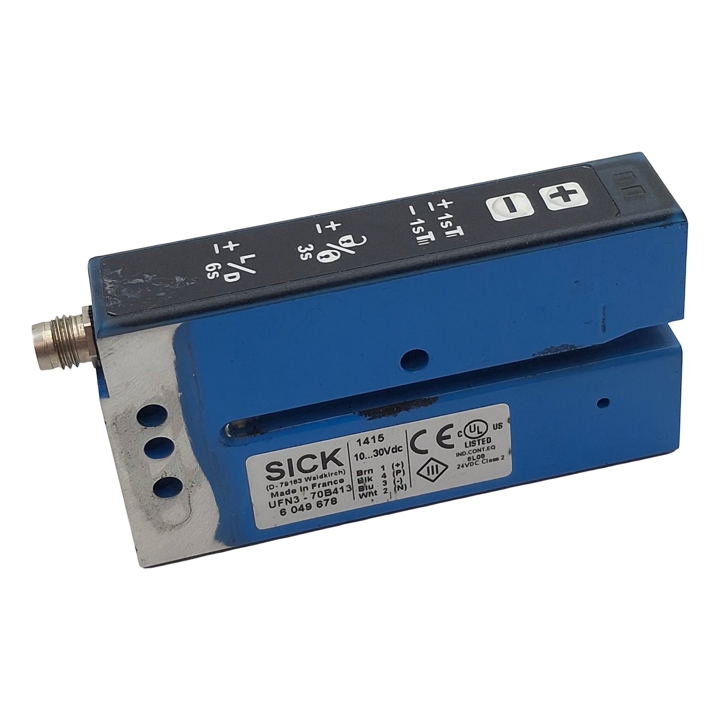 Used Sick UFN3-70B413 Ultrasonic Fork Sensor, 69mm Slot, PNP/NPN, 10-30VDC, 4-Pin M8