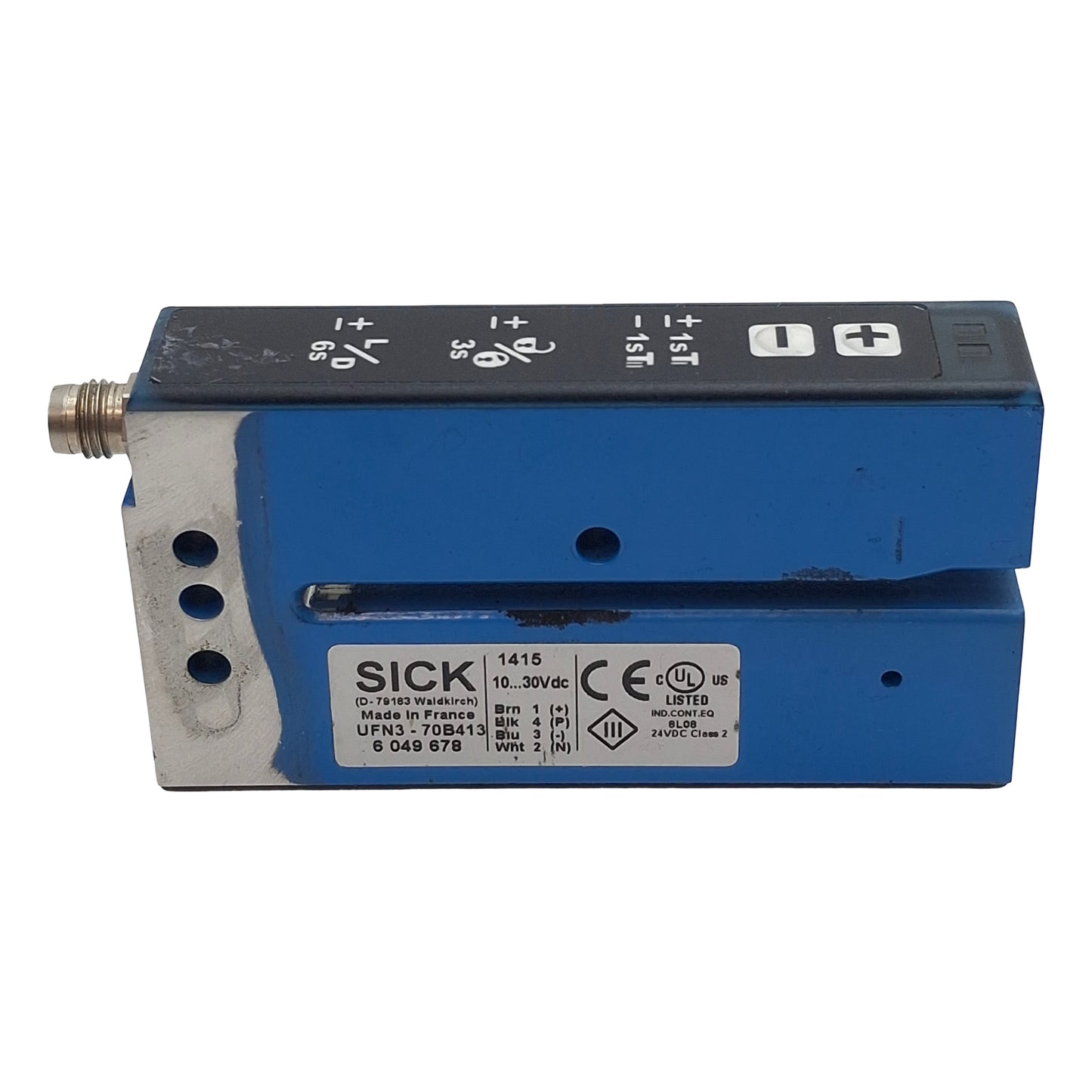 Used Sick UFN3-70B413 Ultrasonic Fork Sensor, 69mm Slot, PNP/NPN, 10-30VDC, 4-Pin M8