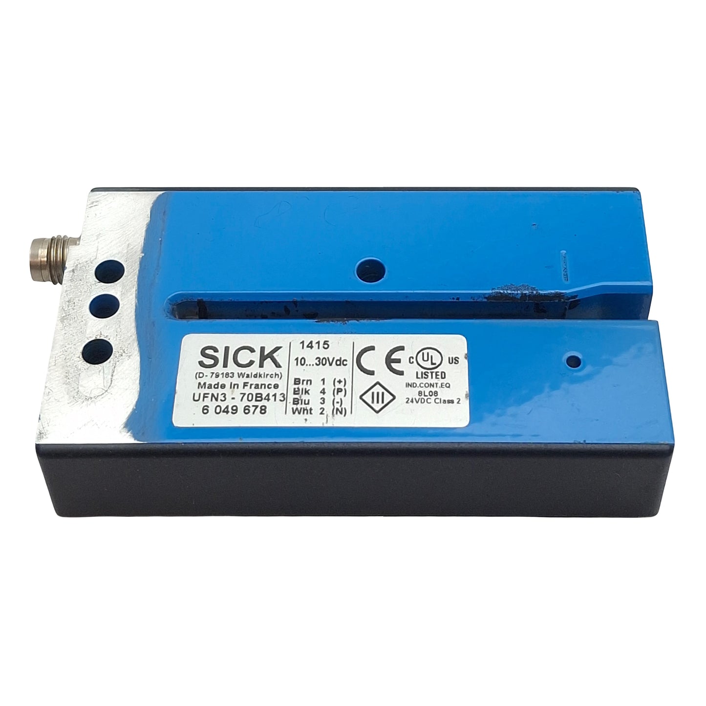 Used Sick UFN3-70B413 Ultrasonic Fork Sensor, 69mm Slot, PNP/NPN, 10-30VDC, 4-Pin M8