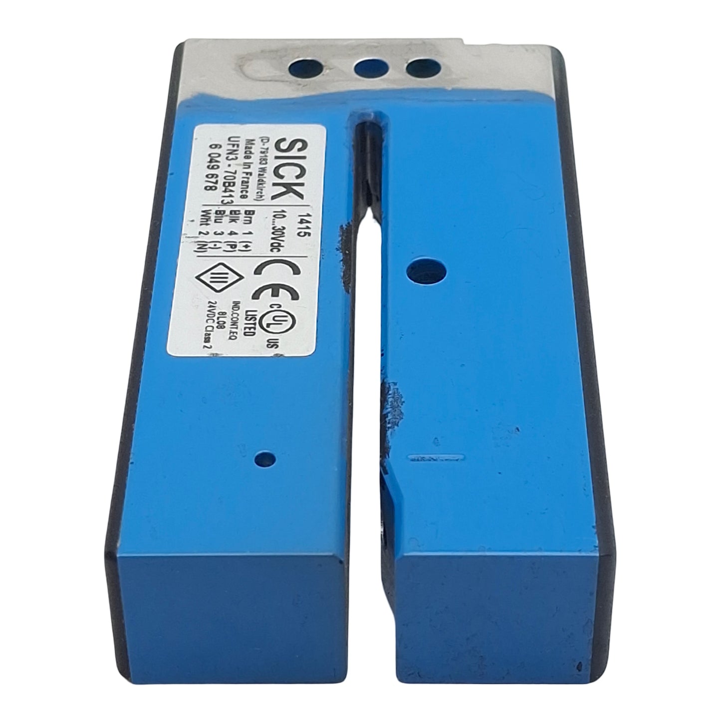 Used Sick UFN3-70B413 Ultrasonic Fork Sensor, 69mm Slot, PNP/NPN, 10-30VDC, 4-Pin M8