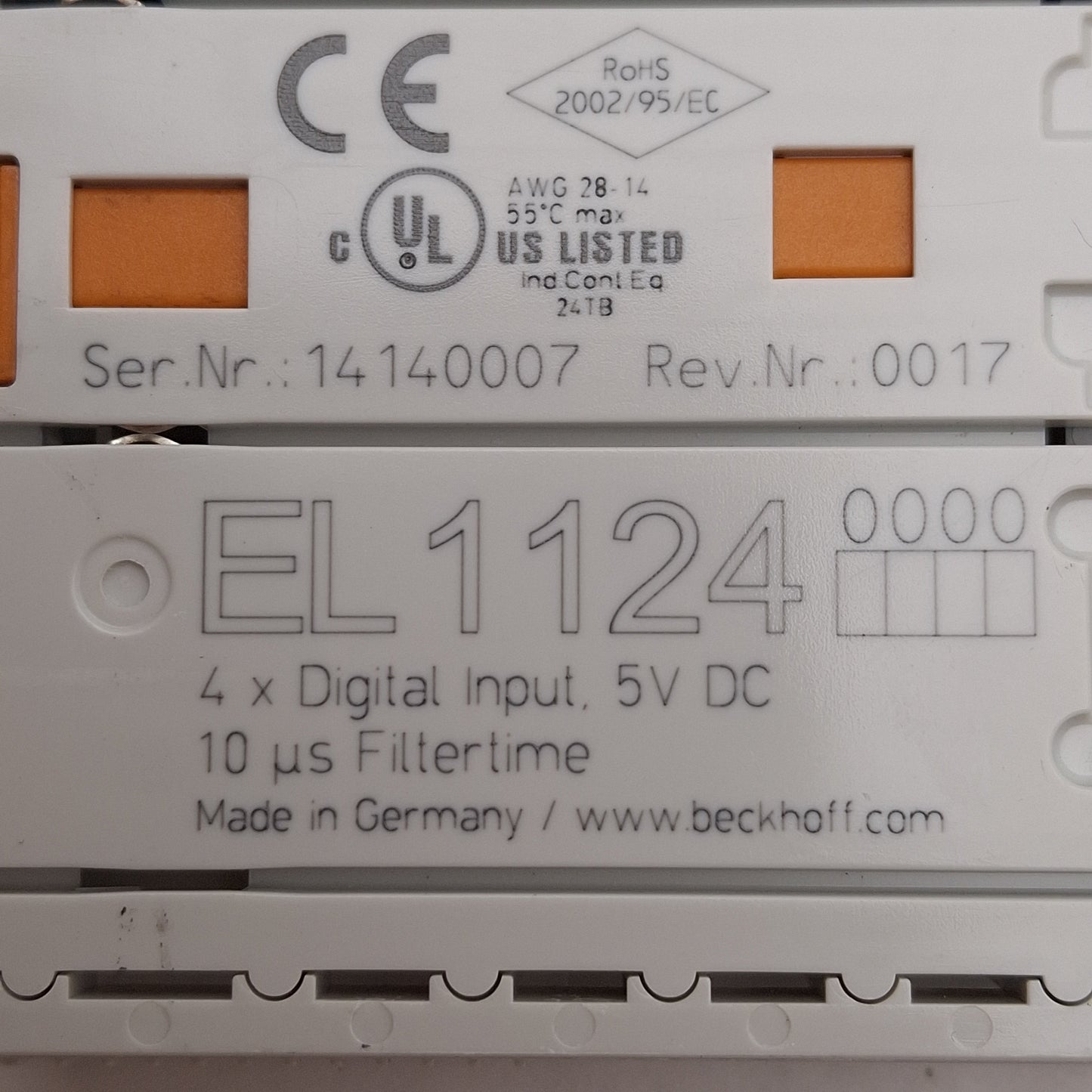 Used Beckhoff EL1124 EtherCAT Terminal, 4-Channel Digital Input, 10µs Filter, 5VDC