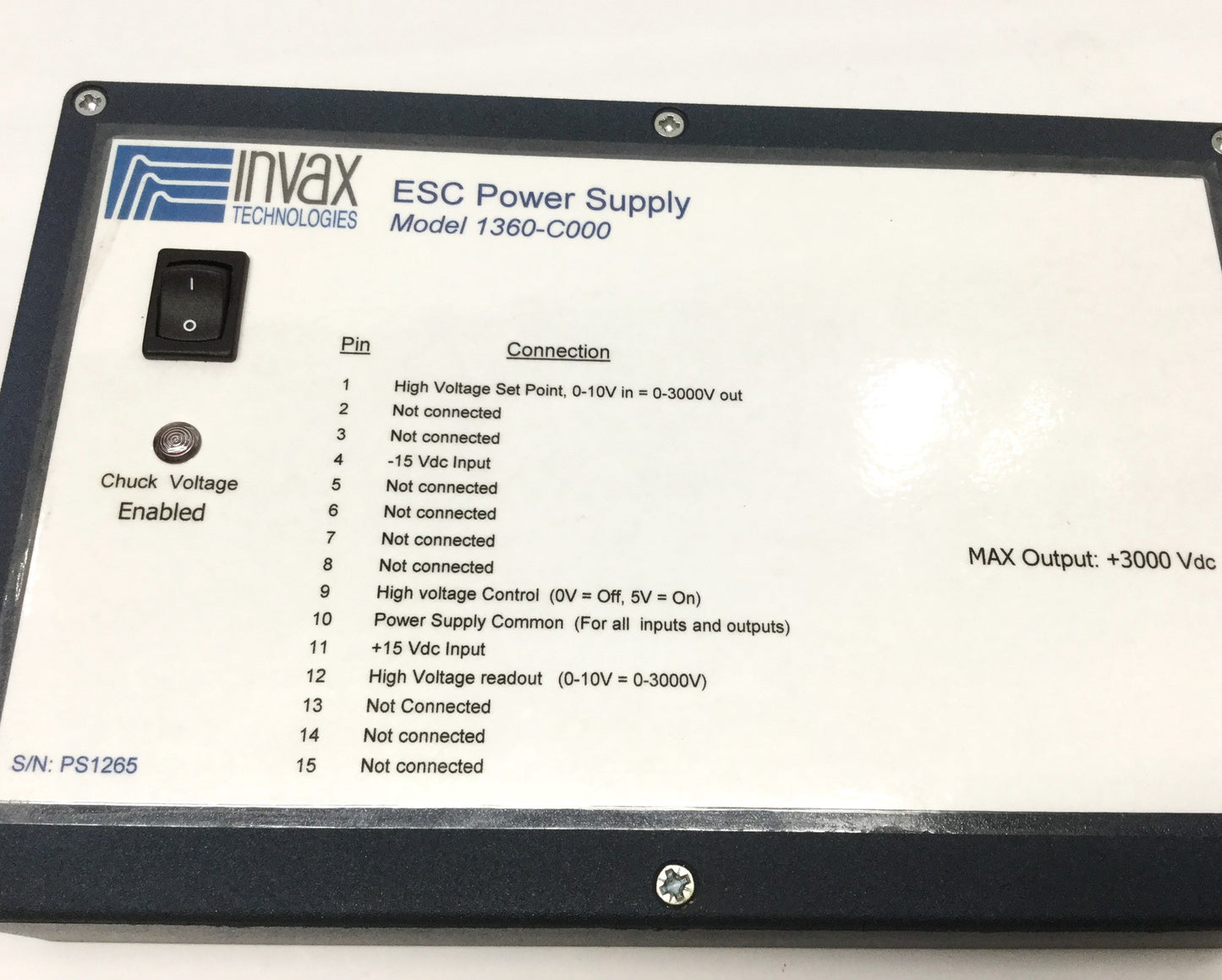 Used INVAX 1360-C000 ESC Power Supply for Electrostatic Chuck 15VDC In, 0-3000V Out