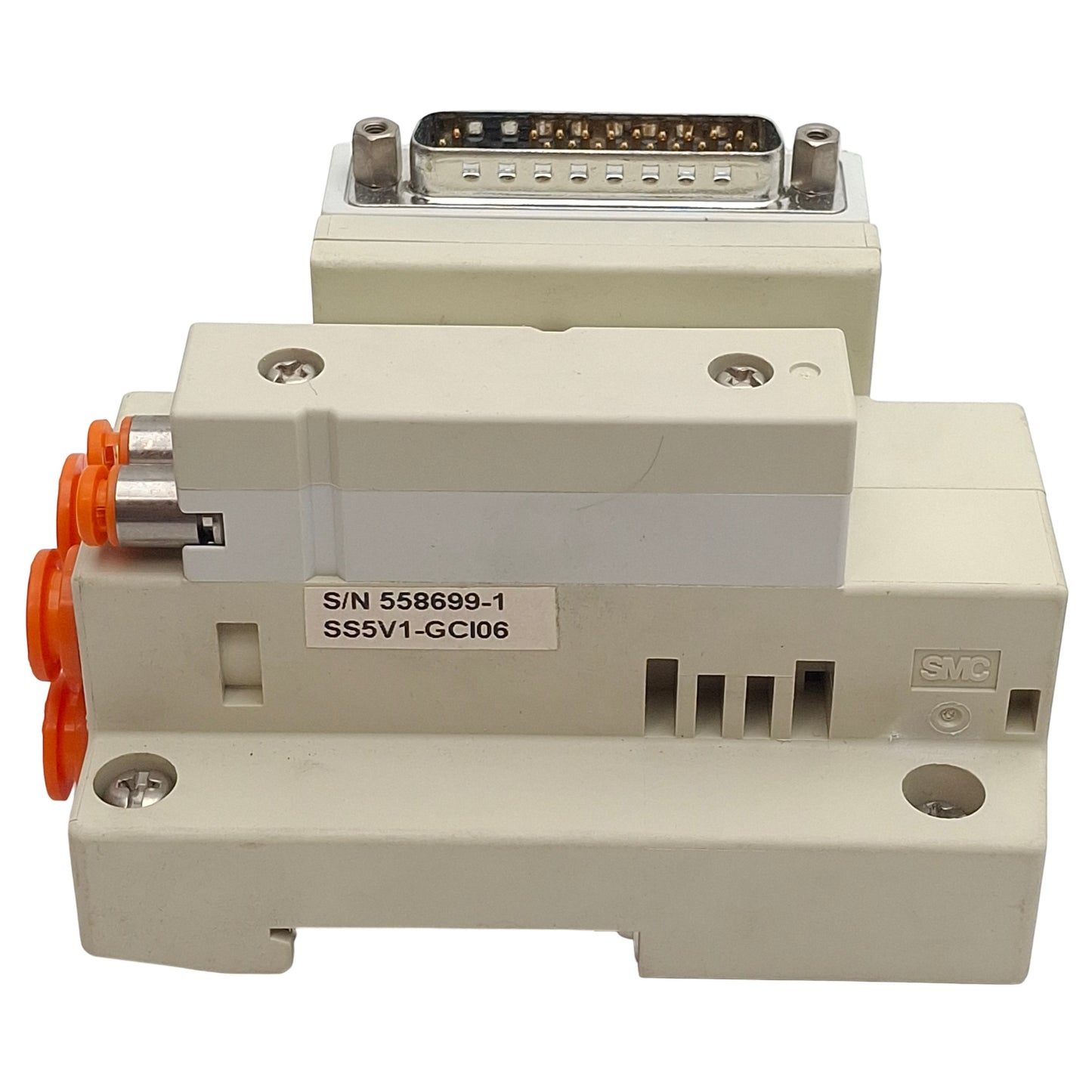 Used SMC SS5V1-GCI06 Solenoid Valve Manifold Base End, DB25 Male, 5/16in, 5/32in P2C