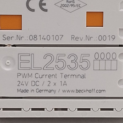 Used Beckhoff EL2535 EtherCAT Terminal, 2-Channel PWM Current Output, 24VDC 1A
