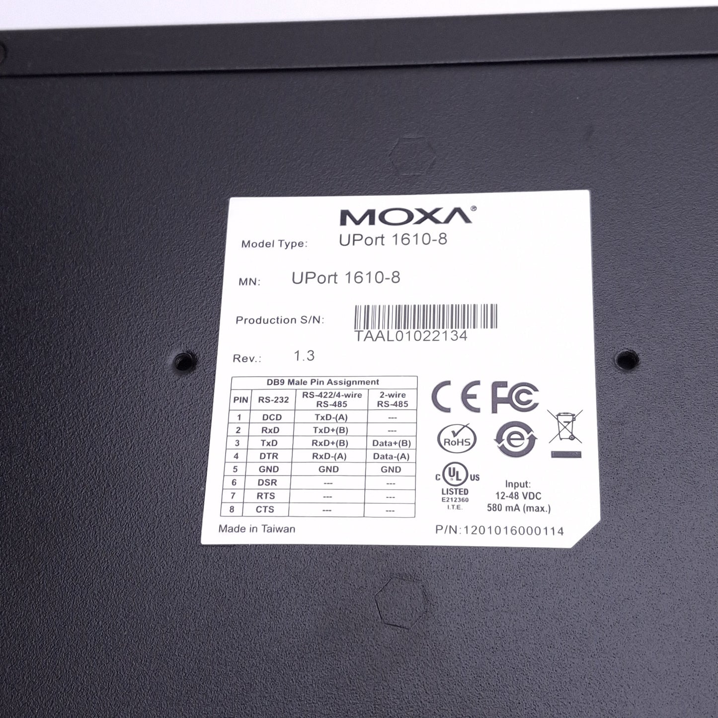 Used Moxa UPort 1610-8 USB to 8-Port RS-232 Serial Hub, USB-B to DB9M, 12-48VDC