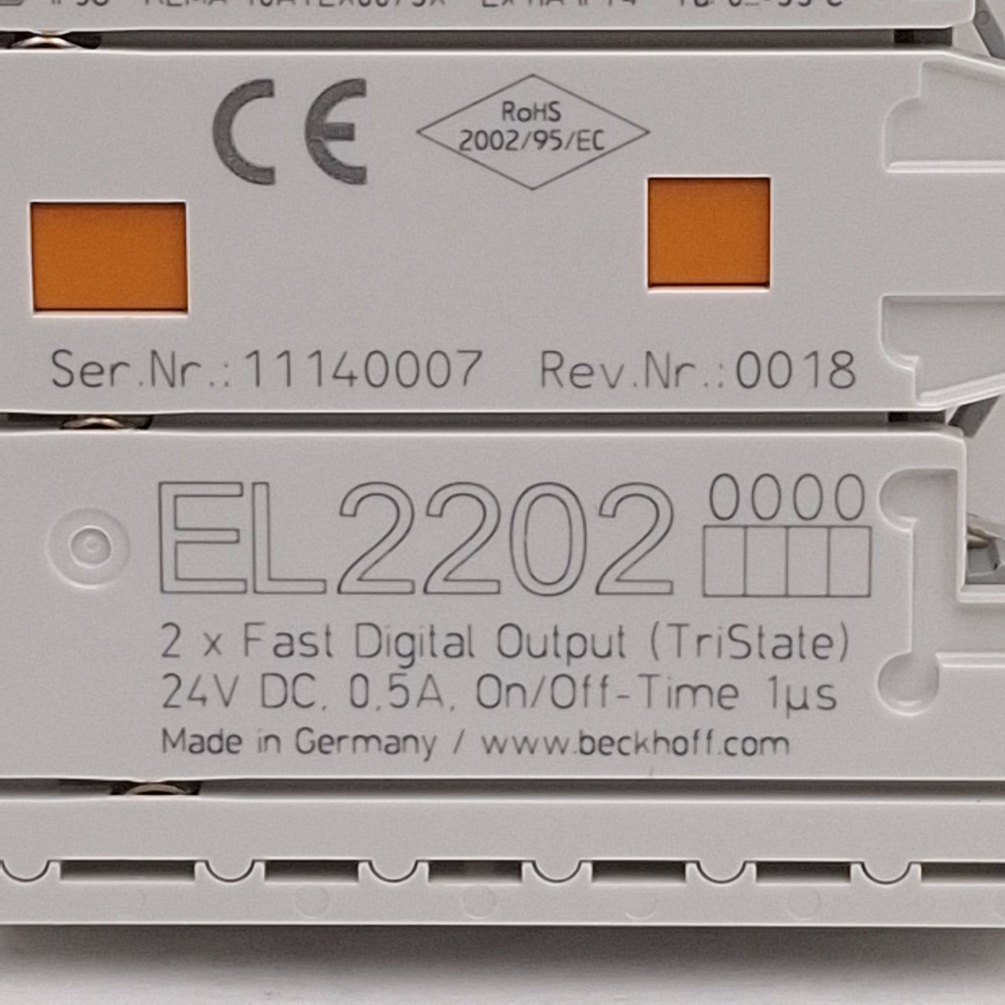 Used Beckhoff EL2202 EtherCAT Terminal, 2-Channel Fast Digital Output, 24VDC 0.5A