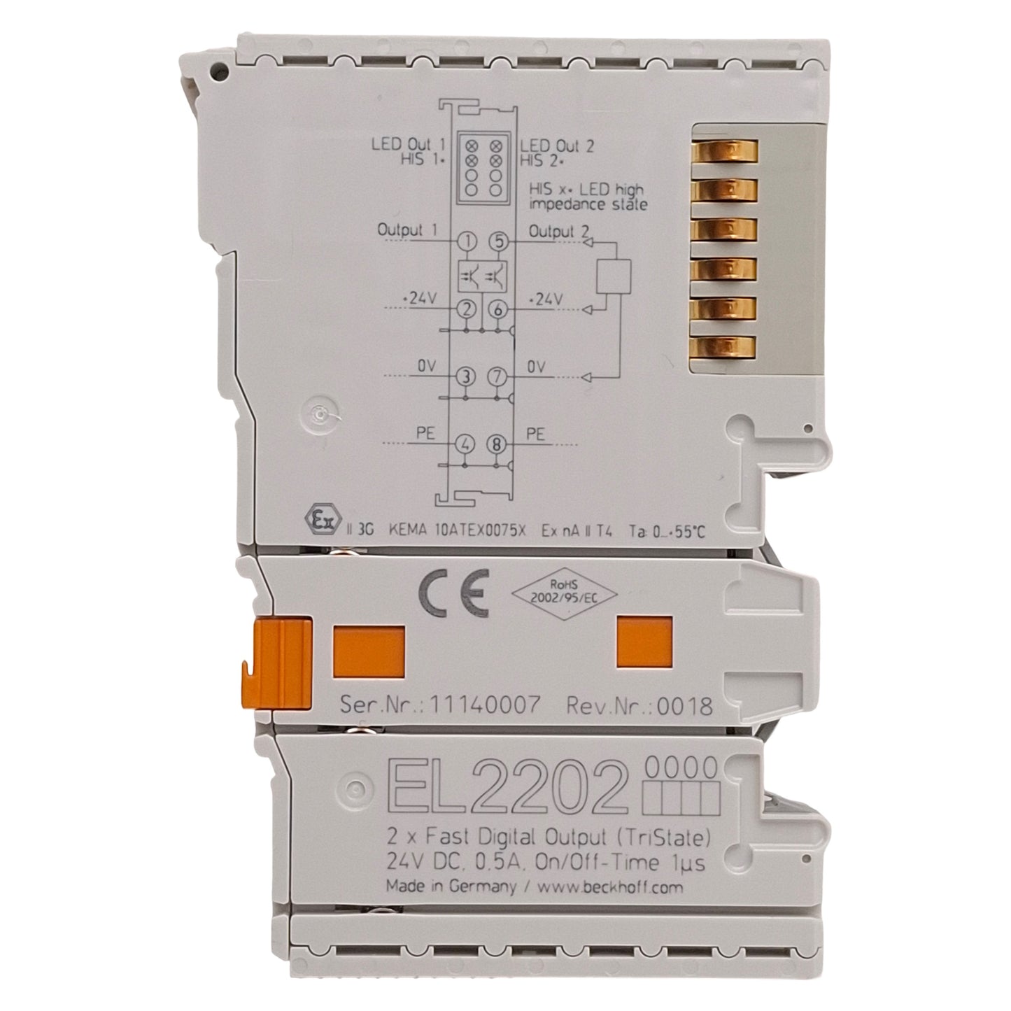 Used Beckhoff EL2202 EtherCAT Terminal, 2-Channel Fast Digital Output, 24VDC 0.5A