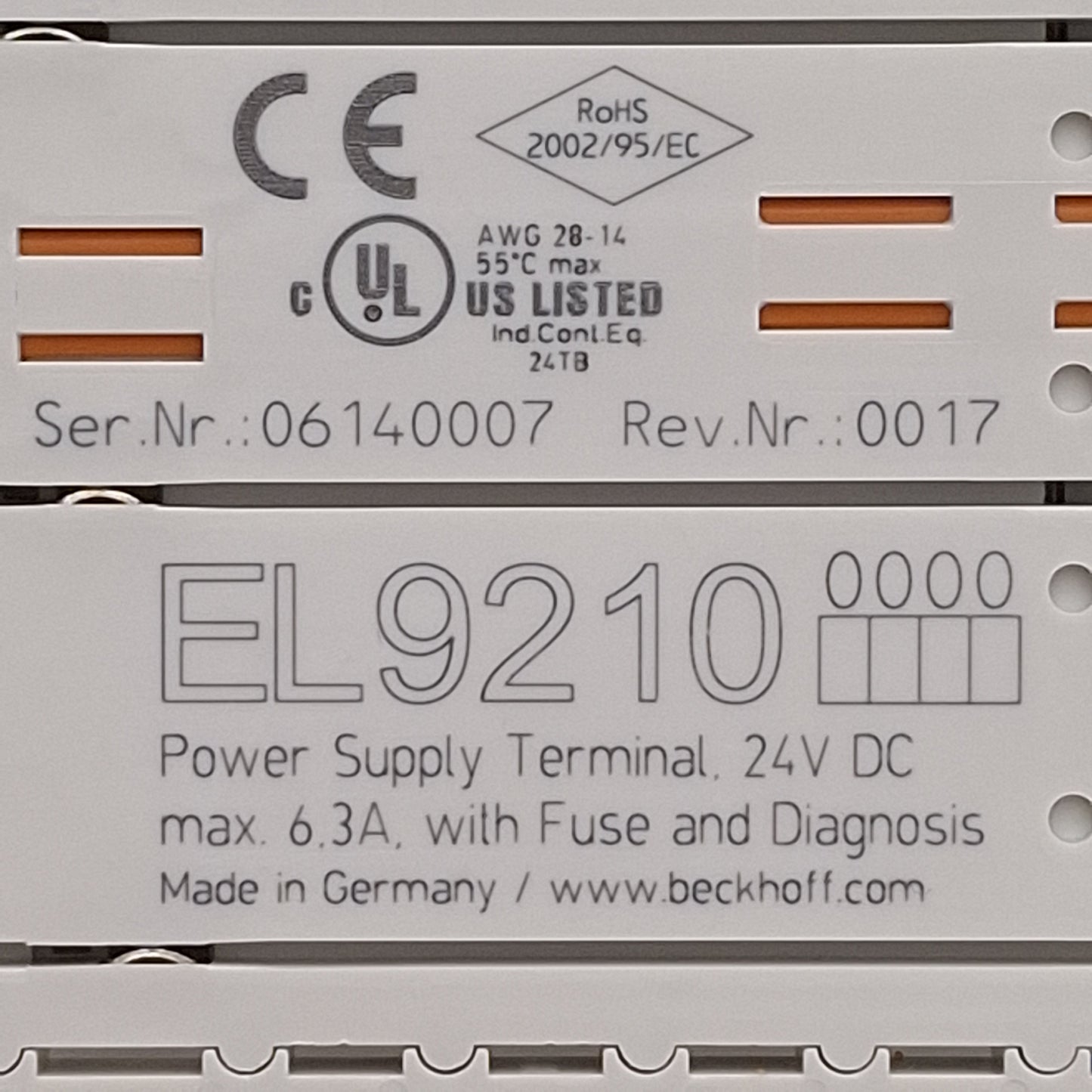 Used Beckhoff EL9210 EtherCAT Power Supply Terminal w/ Diagnostics & Fuse, 24VDC 6.3A