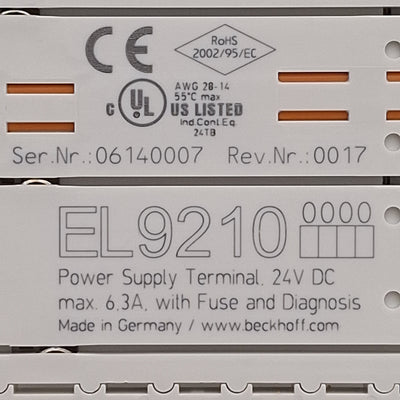 Used Beckhoff EL9210 EtherCAT Power Supply Terminal w/ Diagnostics & Fuse, 24VDC 6.3A