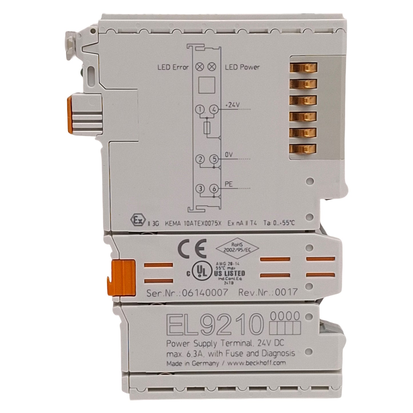 Used Beckhoff EL9210 EtherCAT Power Supply Terminal w/ Diagnostics & Fuse, 24VDC 6.3A