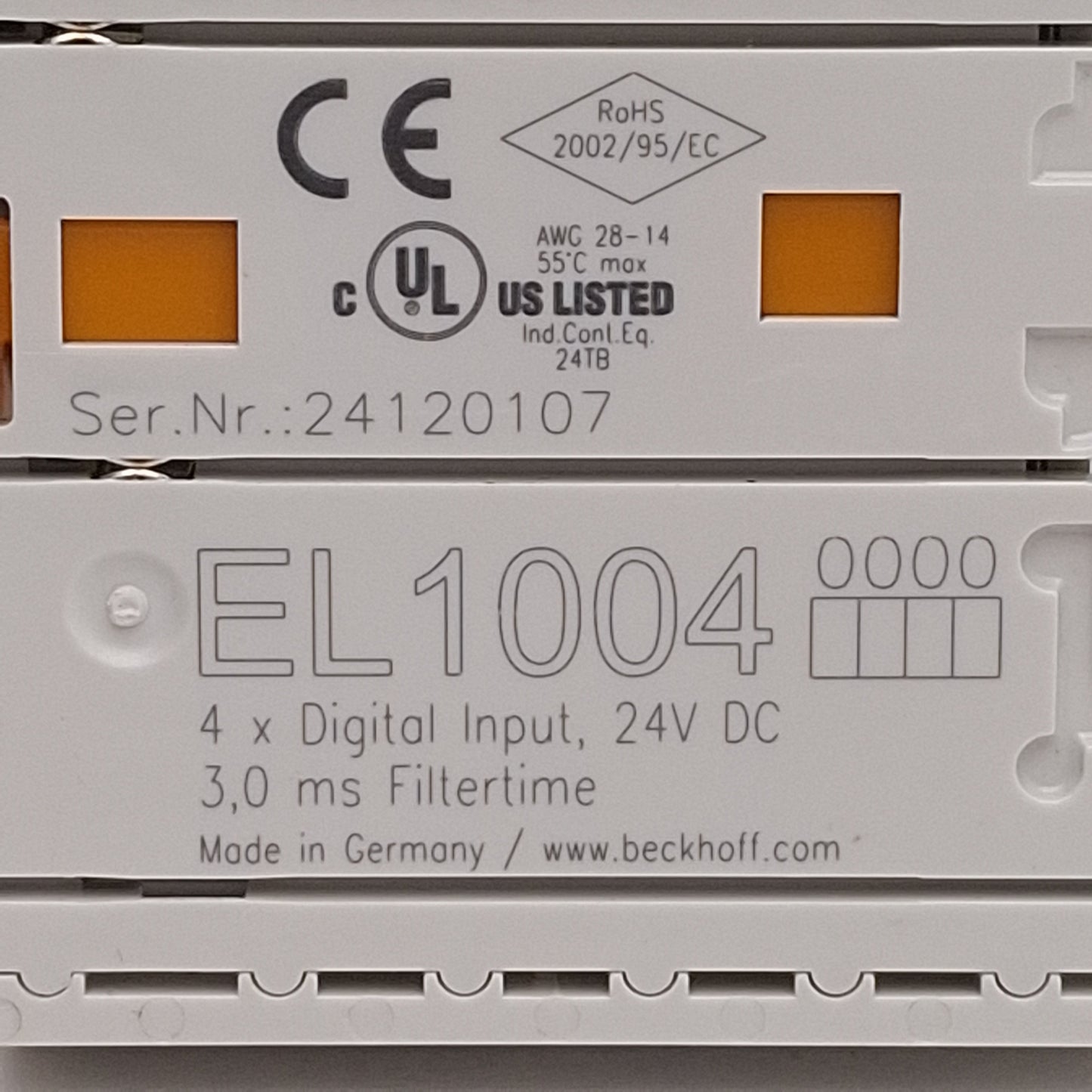 Used Beckhoff EL1004 EtherCAT Terminal, 4-Channel Digital Input, 3ms Filter, 24VDC