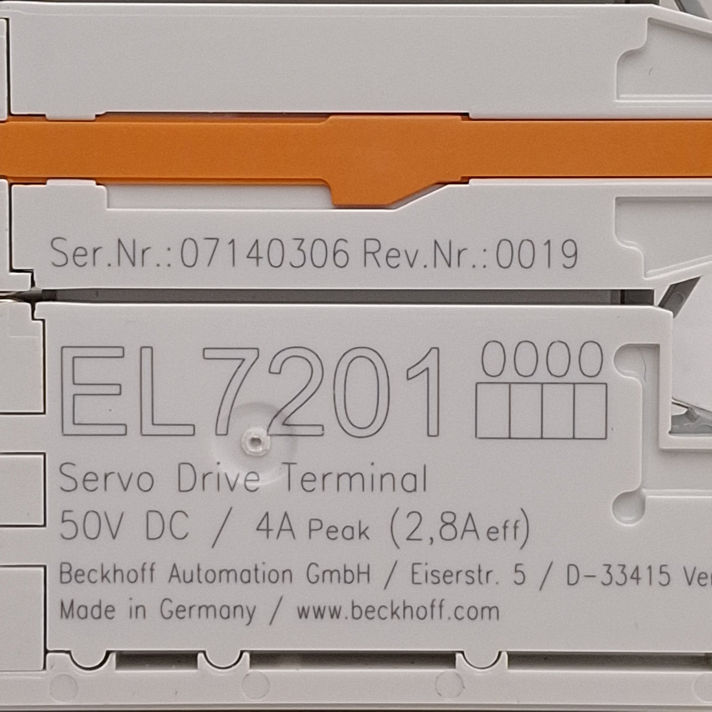 Used Beckhoff EL7201 EtherCAT Terminal, 1-Channel Servo Motor Interface, 50VDC 2.8A