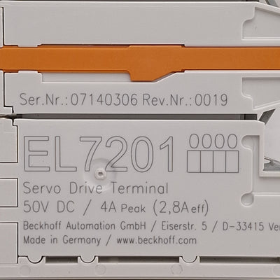 Used Beckhoff EL7201 EtherCAT Terminal, 1-Channel Servo Motor Interface, 50VDC 2.8A