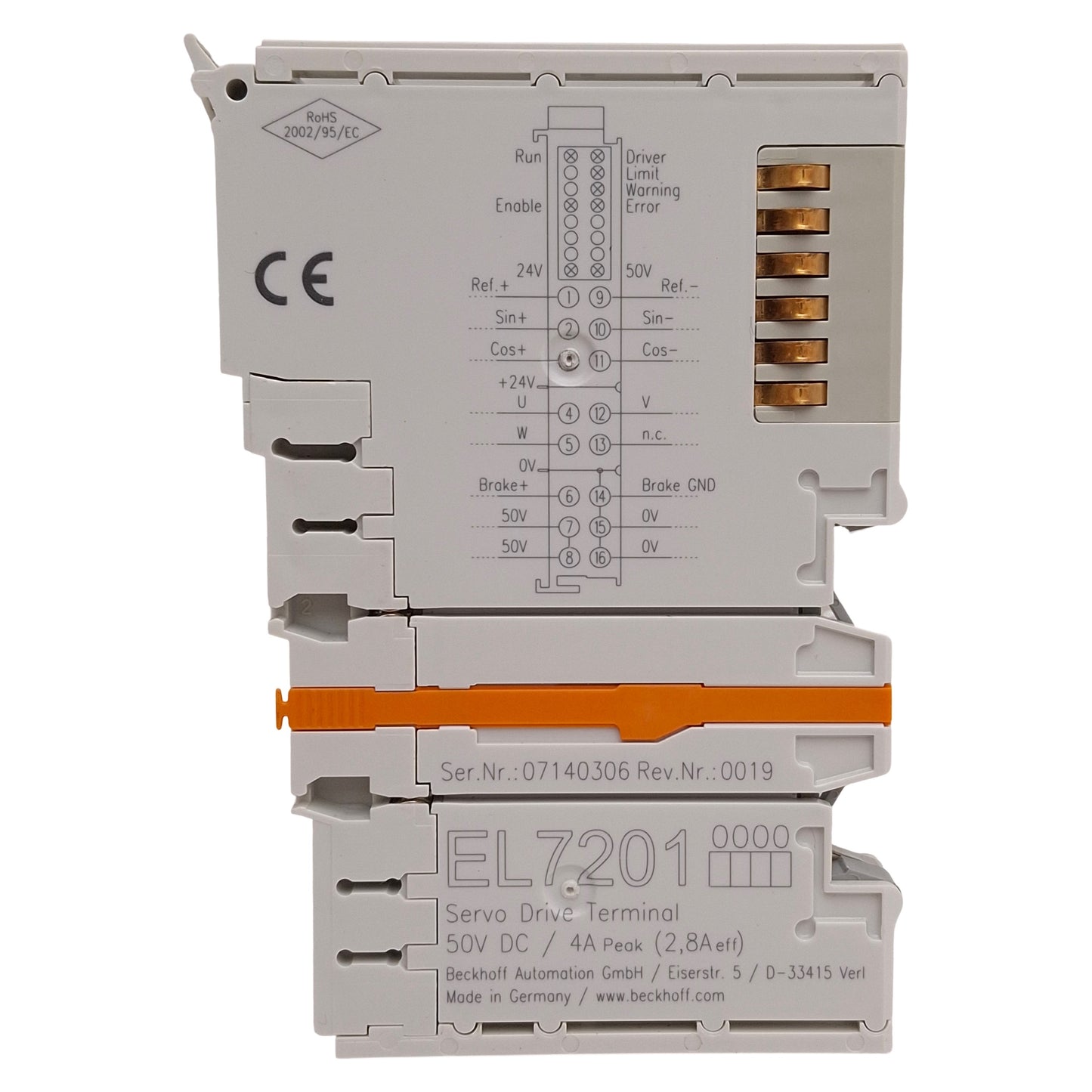 Used Beckhoff EL7201 EtherCAT Terminal, 1-Channel Servo Motor Interface, 50VDC 2.8A