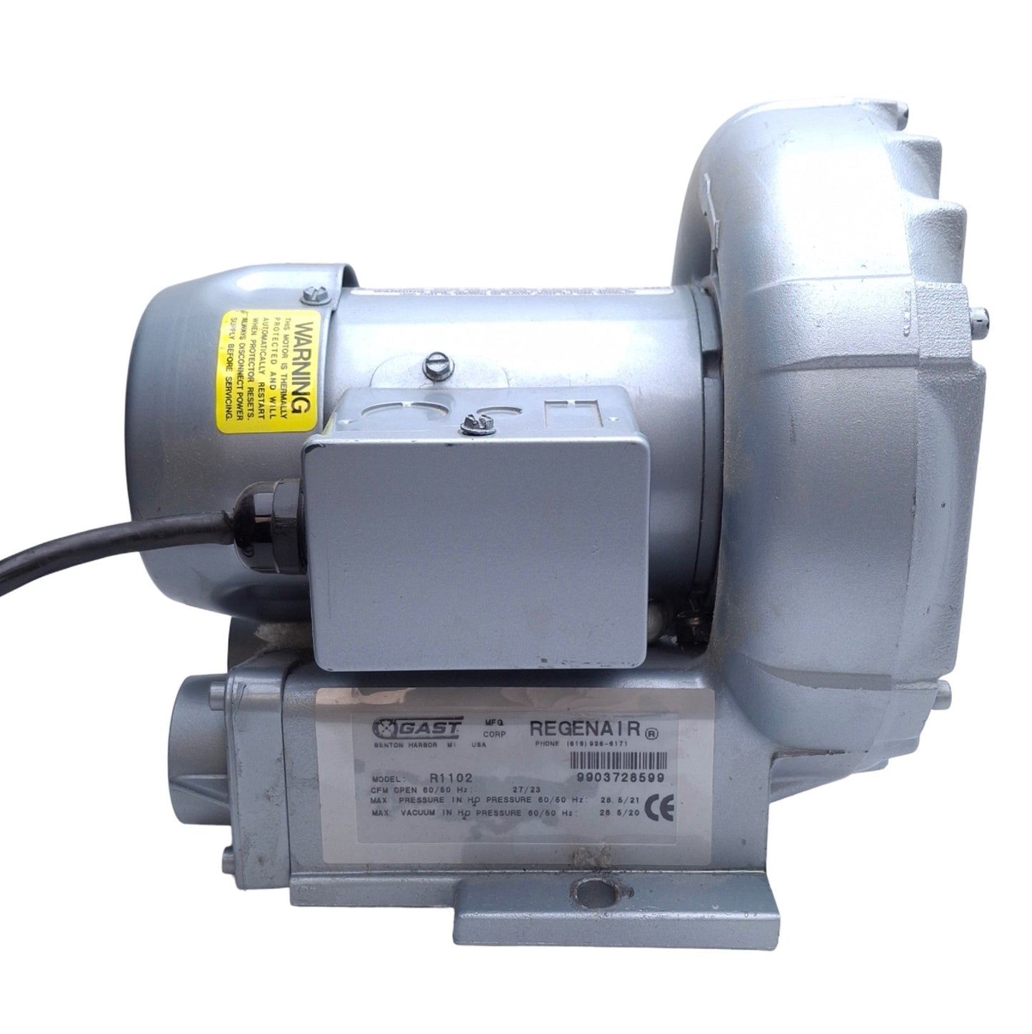 Used Gast R1102 Regenerative Blower 28.5inH2O Max. Pressure, 27CFM Max, NEMA 5-15P