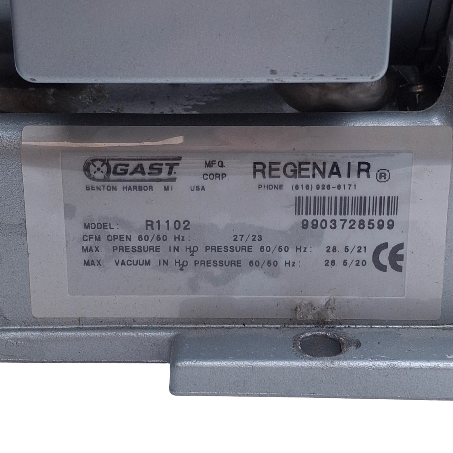 Used Gast R1102 Regenerative Blower 28.5inH2O Max. Pressure, 27CFM Max, NEMA 5-15P