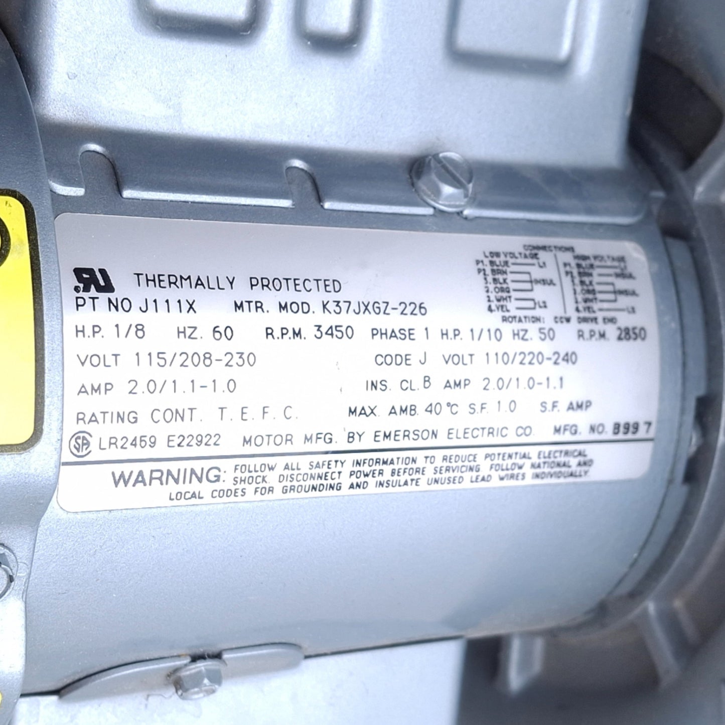 Used Gast R1102 Regenerative Blower 28.5inH2O Max. Pressure, 27CFM Max, NEMA 5-15P