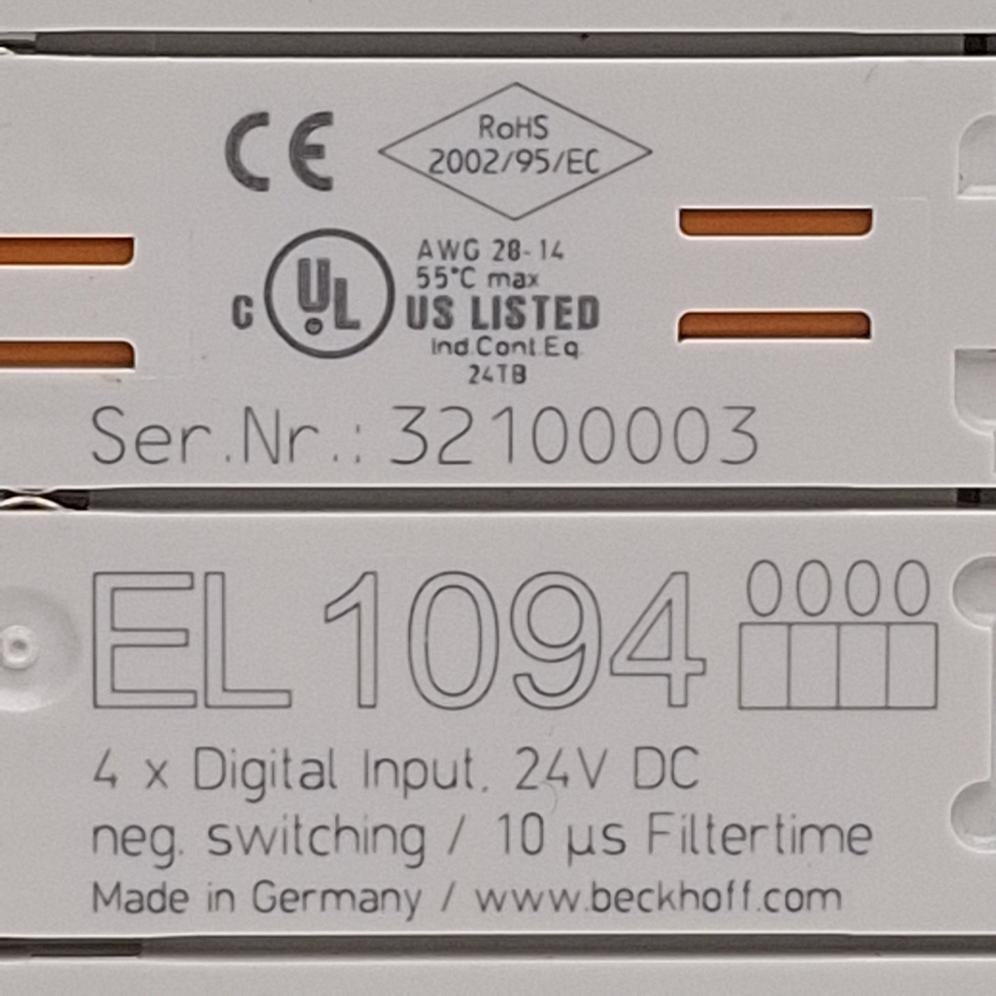 Used Beckhoff EL1094 EtherCAT Terminal, 4-Channel Digital Input, 10µs Filter, 24VDC