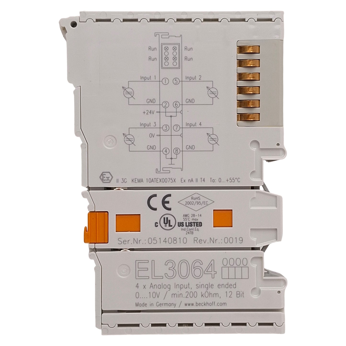 Used Beckhoff EL3064 EtherCAT Terminal, 4-Channel Analog Input, 0-10V, 12-bit