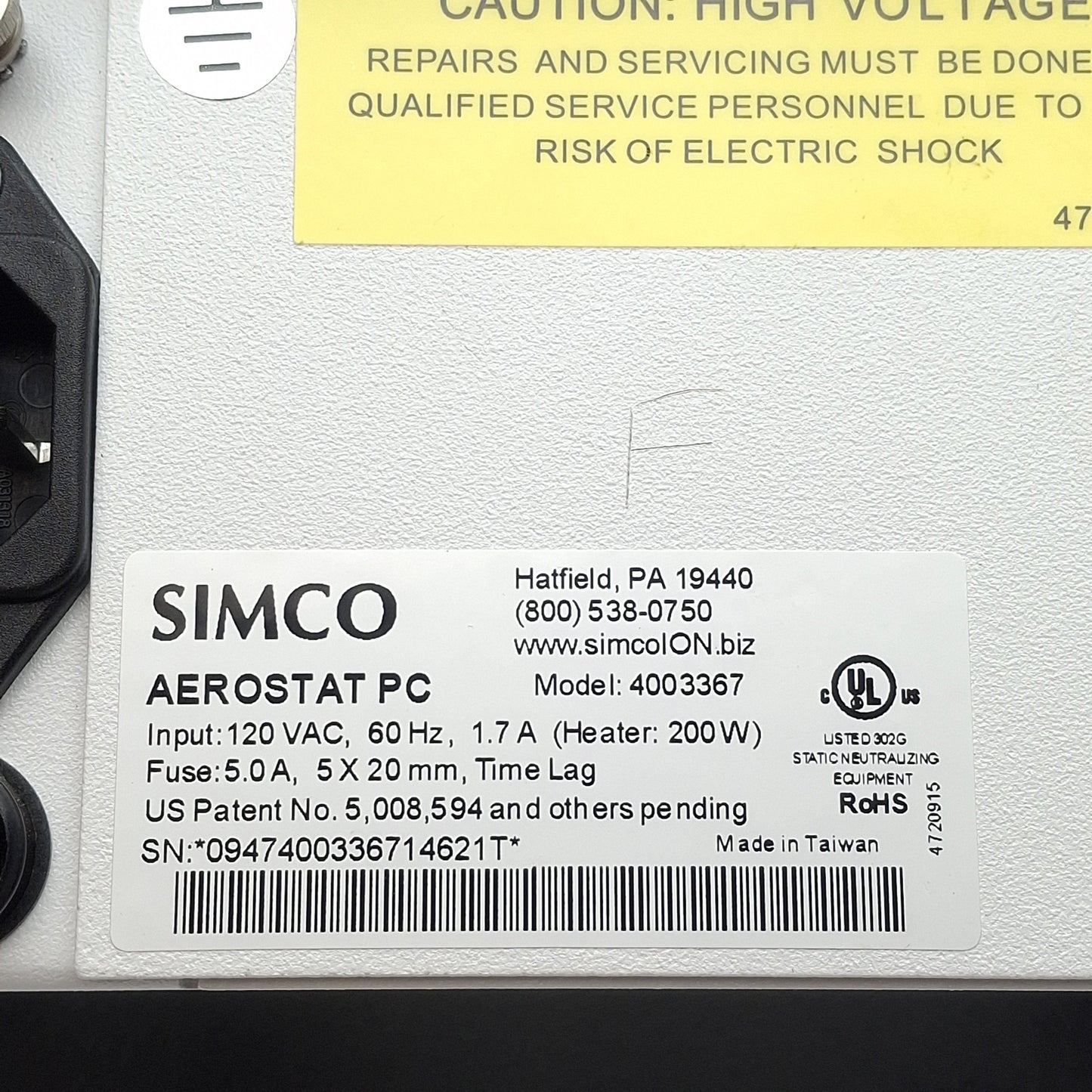 Used Simco 4003367 Aerostat PC Ionizing Air Blower, 35-70cfm, 120VAC *No Heat*