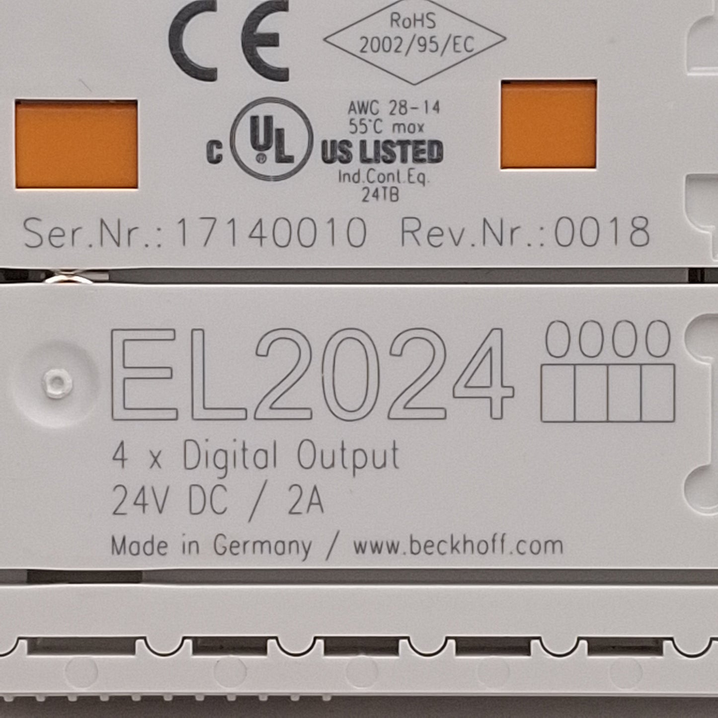Used Beckhoff EL2024 EtherCAT Terminal, 4-Channel Digital Outputs, 24VDC 2A