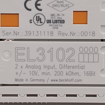 Used Beckhoff EL3102 EtherCAT Terminal, 2-Channel Analog Input, ±10V, 16-bit