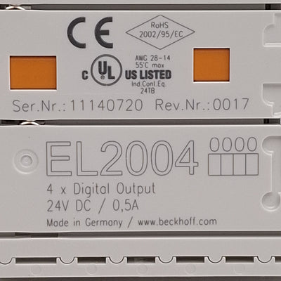 Used Beckhoff EL2004 EtherCAT Terminal, 4-Channel Digital Output, 24VDC 0.5A