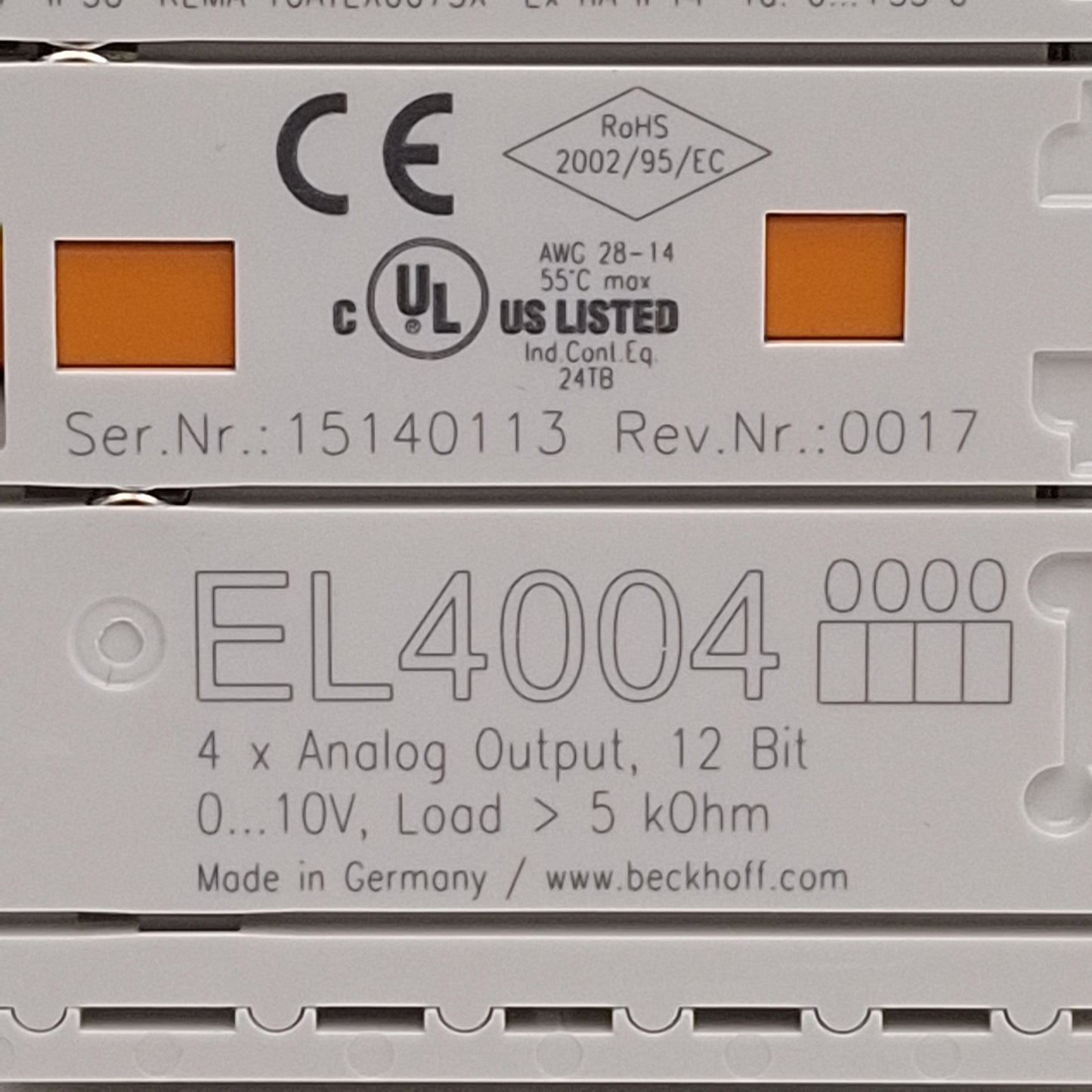 Used Beckhoff EL4004 EtherCAT Terminal, 4-Channel Analog Output, 0-10V, 12-bit