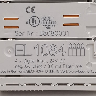 Used Beckhoff EL1084 EtherCAT Terminal, 4-Channel Digital Input, 3ms Filter, 24VDC
