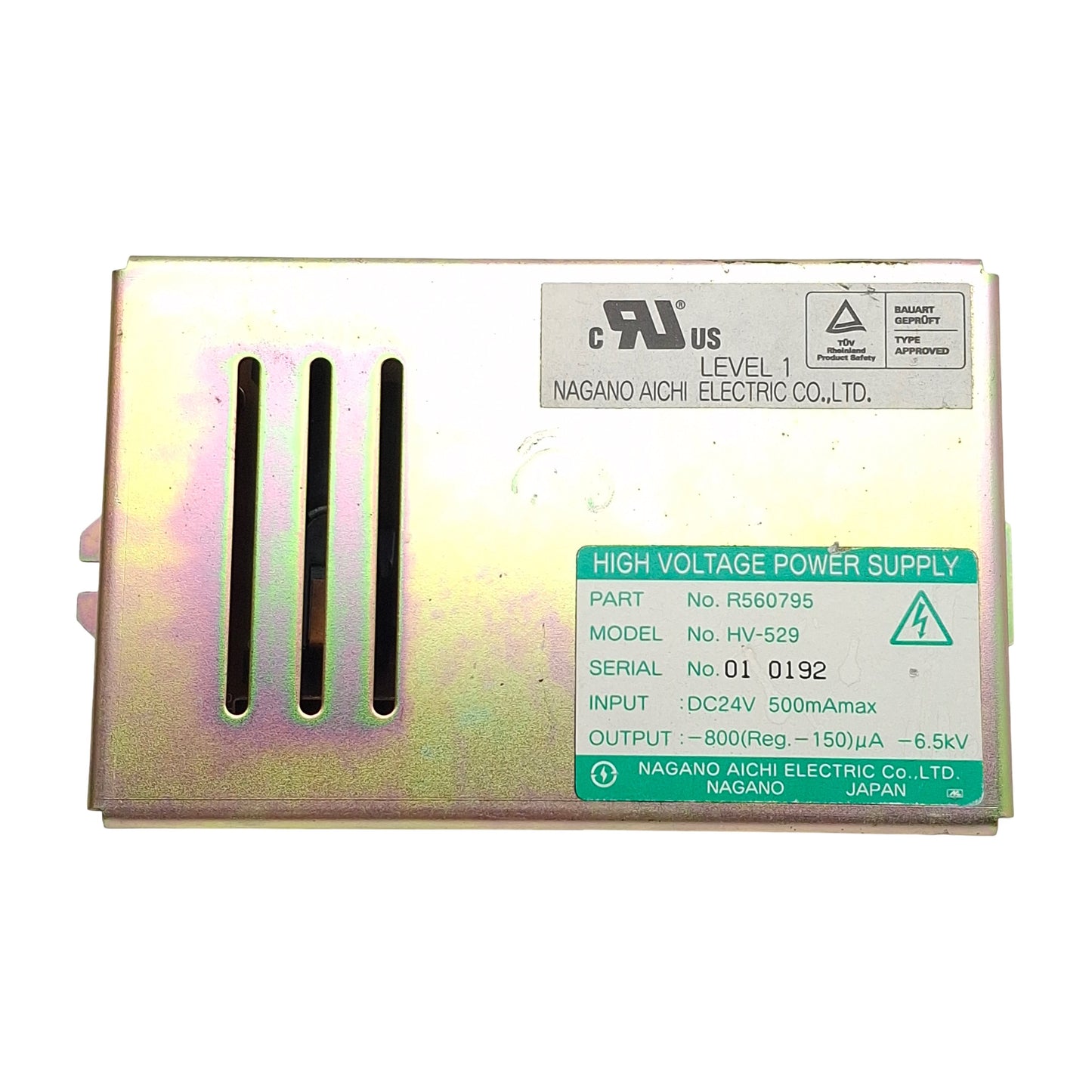 Used Nagano Aichi Electric R560795 HV-529 Power Supply, 24VDC In, -800µA -6.5Kv Out