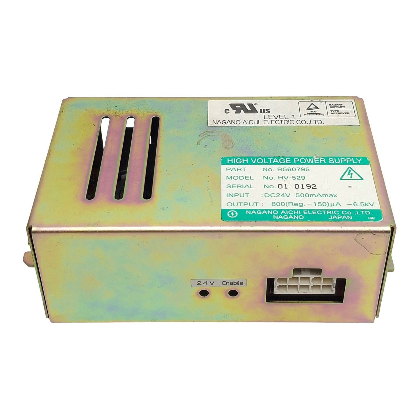 Used Nagano Aichi Electric R560795 HV-529 Power Supply, 24VDC In, -800µA -6.5Kv Out