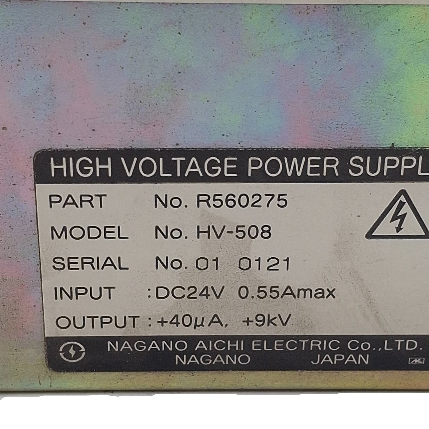 Used Nagano Aichi Electric R560275 HV-508 Power Supply, 24VDC In, +40µA +9kV Out