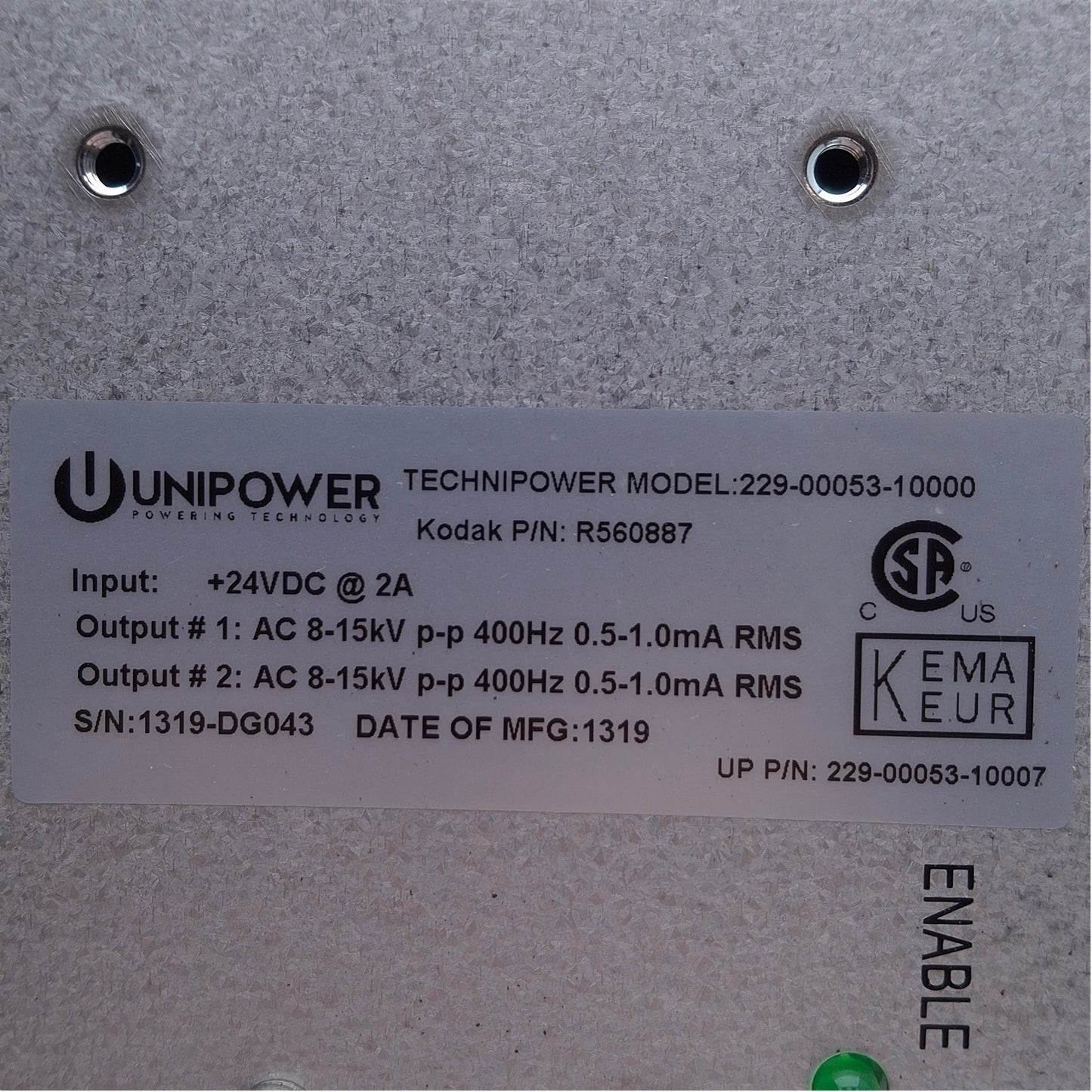 Used Technipower 229-00053-10000 Power Supply 24VDC In, 2A, (2x)8-15kVAC Output