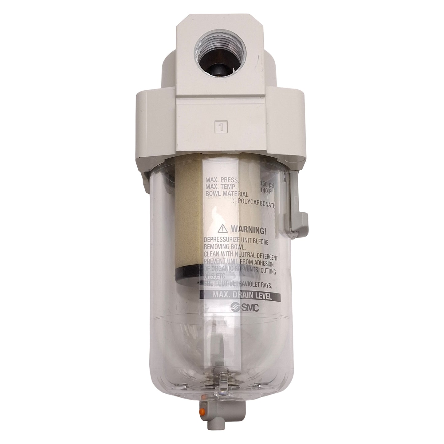 Used SMC AFM40-N04-Z-A Mist Separator, 0.3µm Filtration, 0.8ppm, 150psi, 1/2in NPT