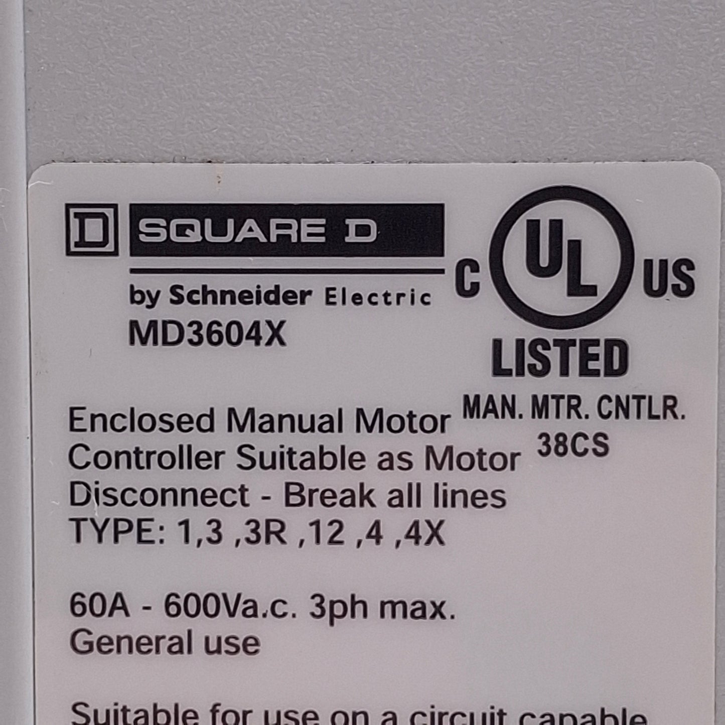 Used Square D MD3604X Disconnect Switch 3-Pole, 60A, 600VAC, NEMA 4X Enclosure