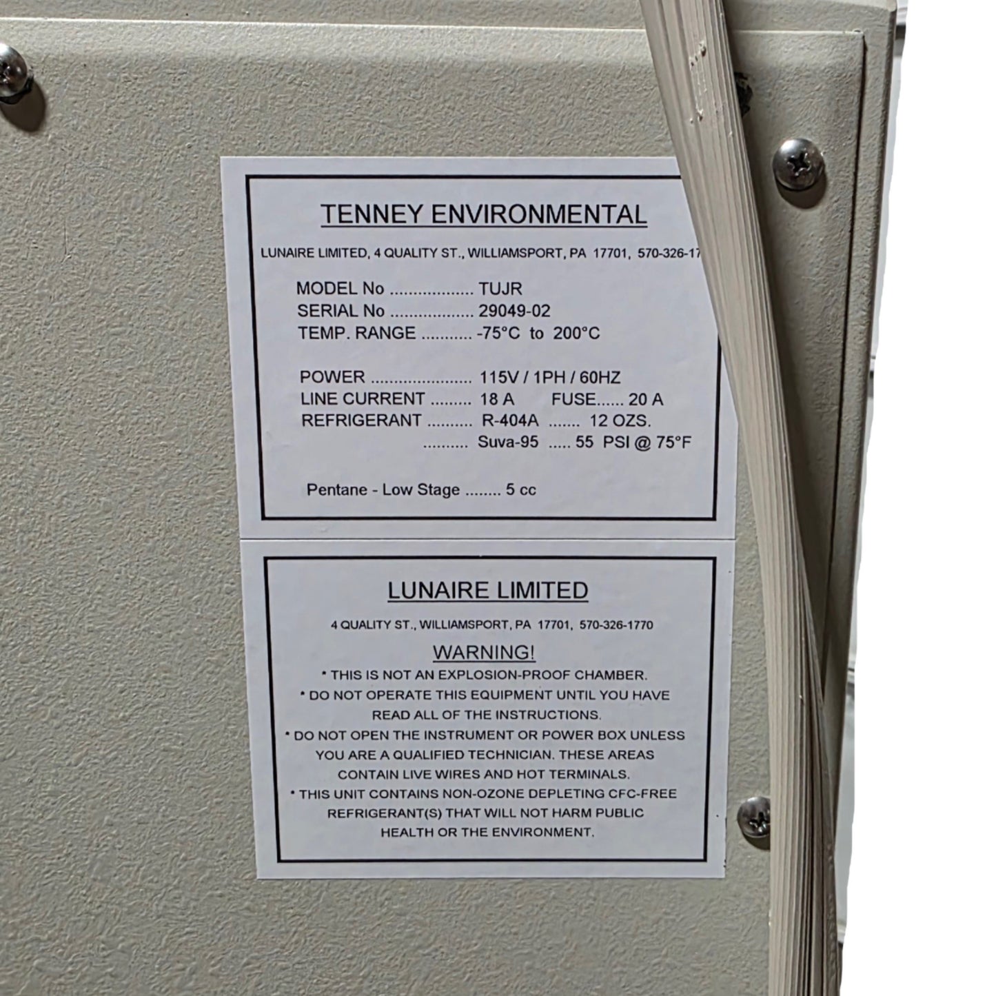 Used Tenney TUJR Junior Temperature Test Chamber 1CuFt, -75°C To 200°C, 115VAC 18A