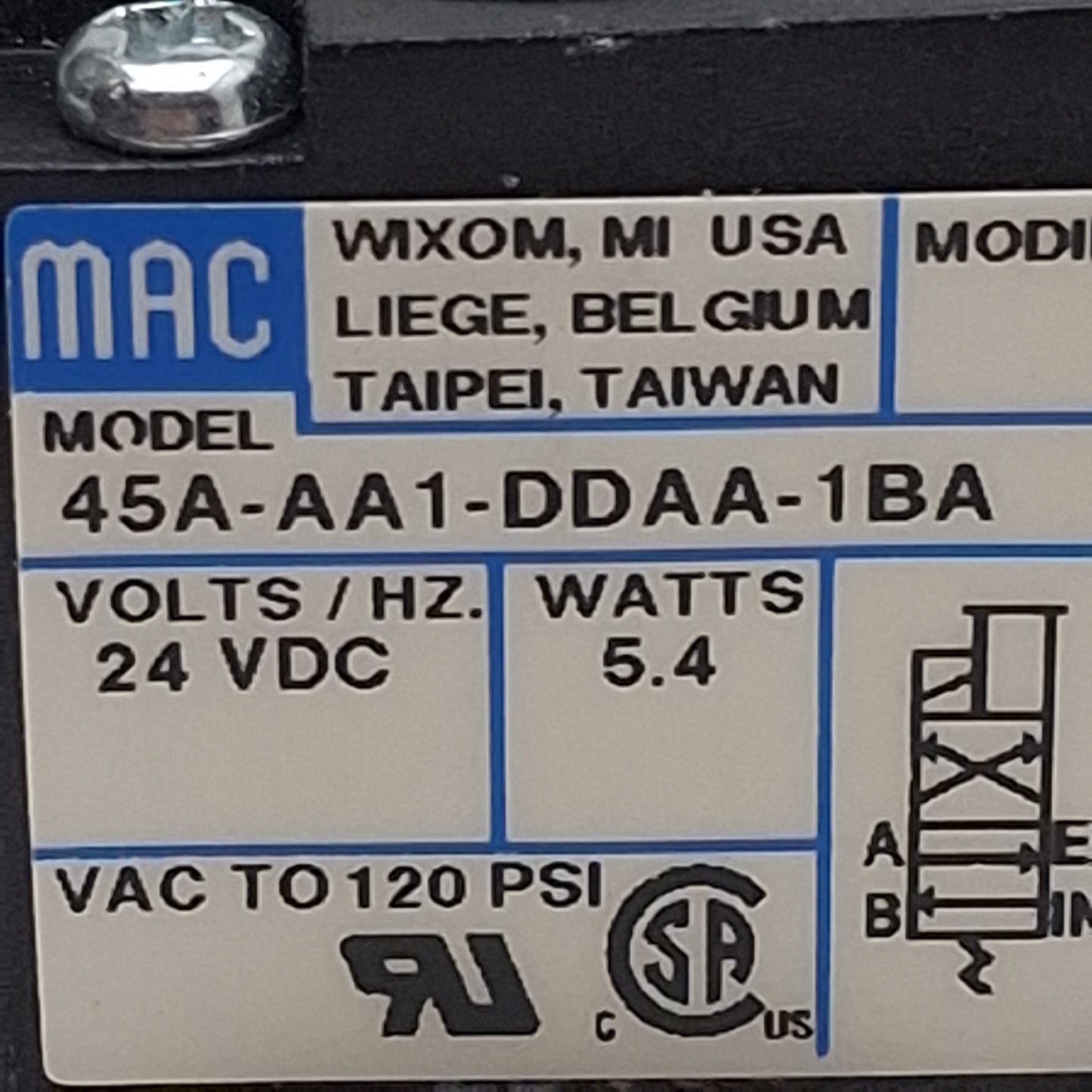Used Mac 45A-AA1-DDAA-1BA Solenoid Valve, 4/2-Way, 1/8in NPT, vac-120psi, 24VDC Coil