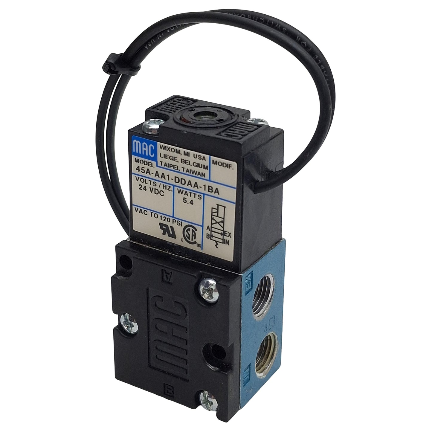 Used Mac 45A-AA1-DDAA-1BA Solenoid Valve, 4/2-Way, 1/8in NPT, vac-120psi, 24VDC Coil