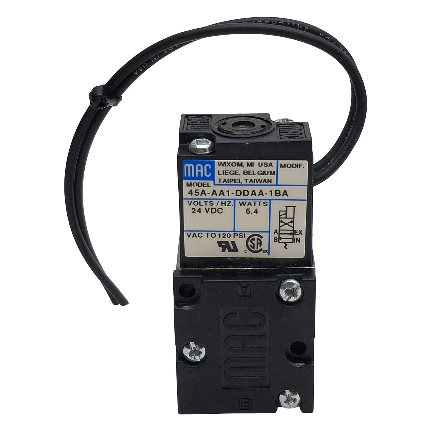 Used Mac 45A-AA1-DDAA-1BA Solenoid Valve, 4/2-Way, 1/8in NPT, vac-120psi, 24VDC Coil