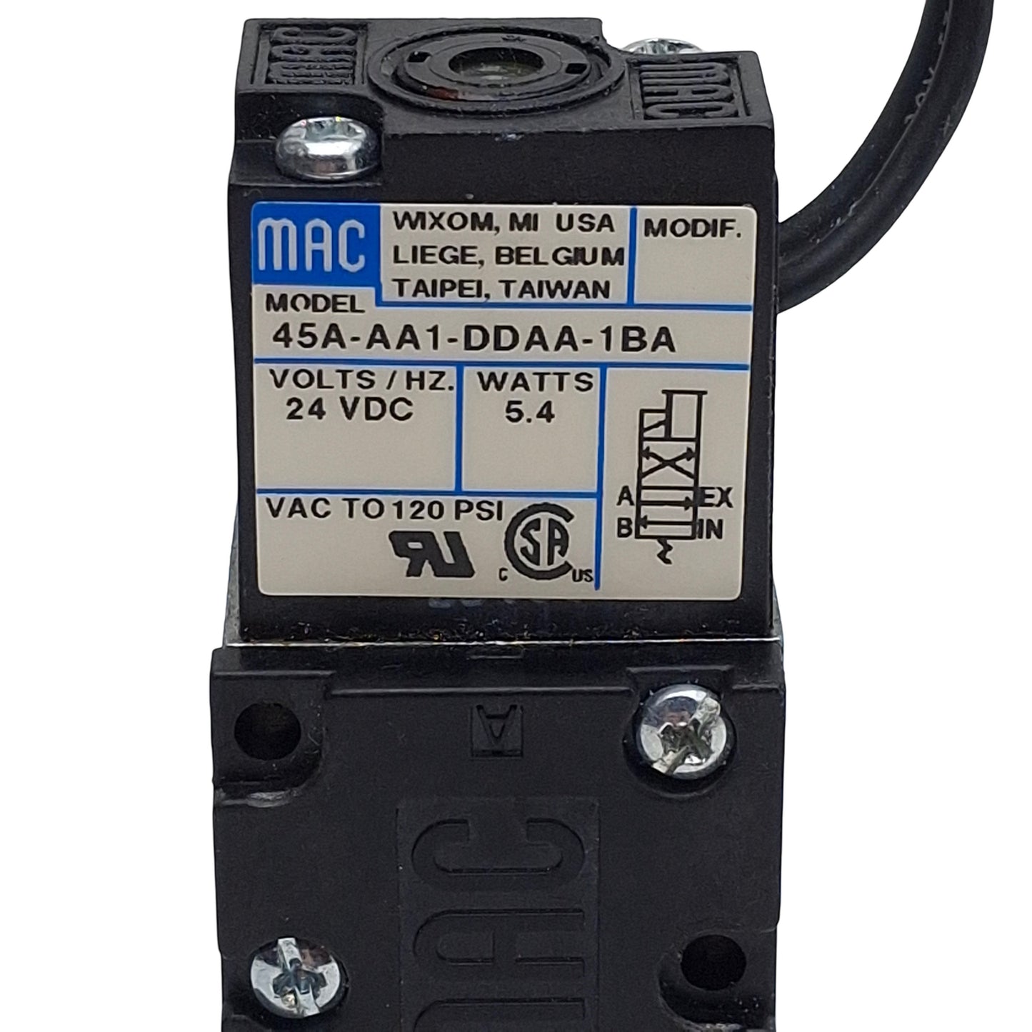 Used Mac 45A-AA1-DDAA-1BA Solenoid Valve, 4/2-Way, 1/8in NPT, vac-120psi, 24VDC Coil
