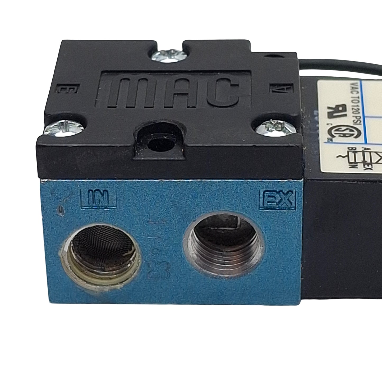 Used Mac 45A-AA1-DDAA-1BA Solenoid Valve, 4/2-Way, 1/8in NPT, vac-120psi, 24VDC Coil