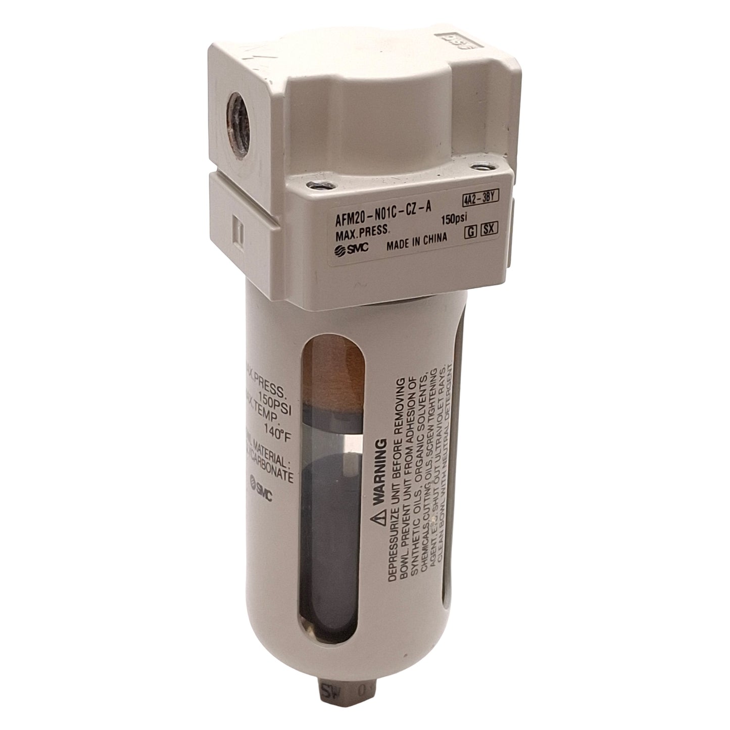 Used SMC AFM20-N01C-CZ-A Mist Separator, 0.3µm Filtration, 150psi, Auto Drain, 1/8NPT